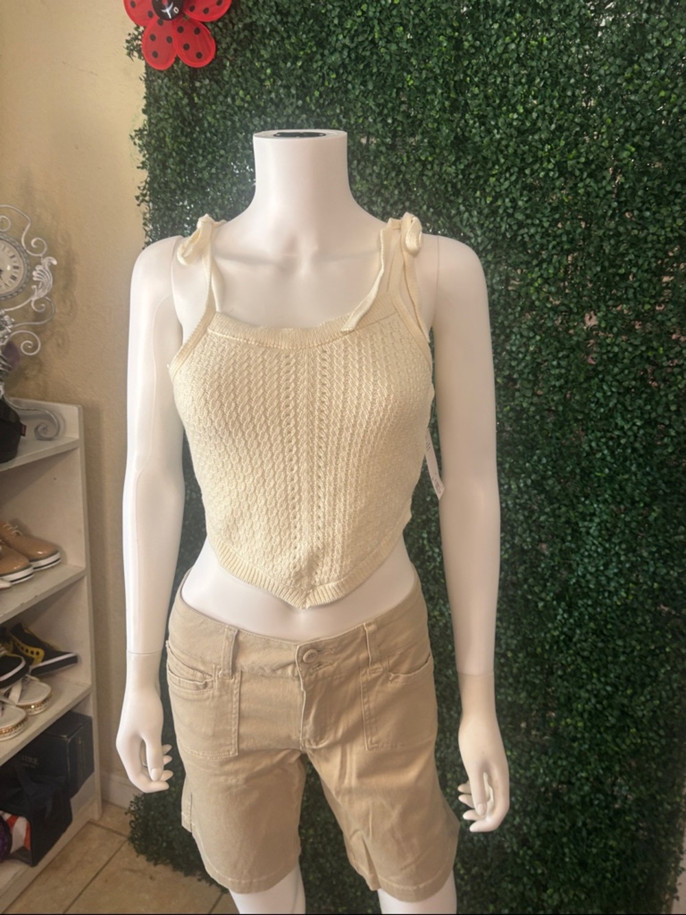 SO Cream Knit Tie-Shoulder Crop Top